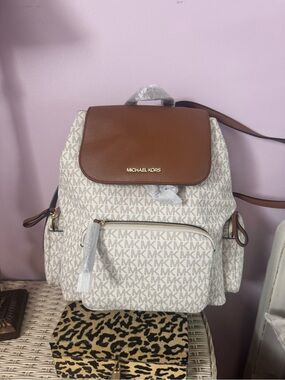 Michael Kors Cream and Brown MK Logo Backpack
